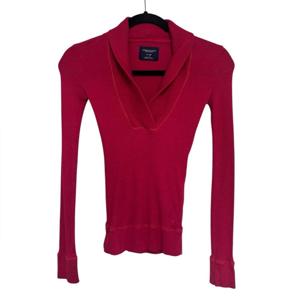 Y2K American Eagle Fitted Waffle Long Sleeve Cuff Tee in Pink - Size XS